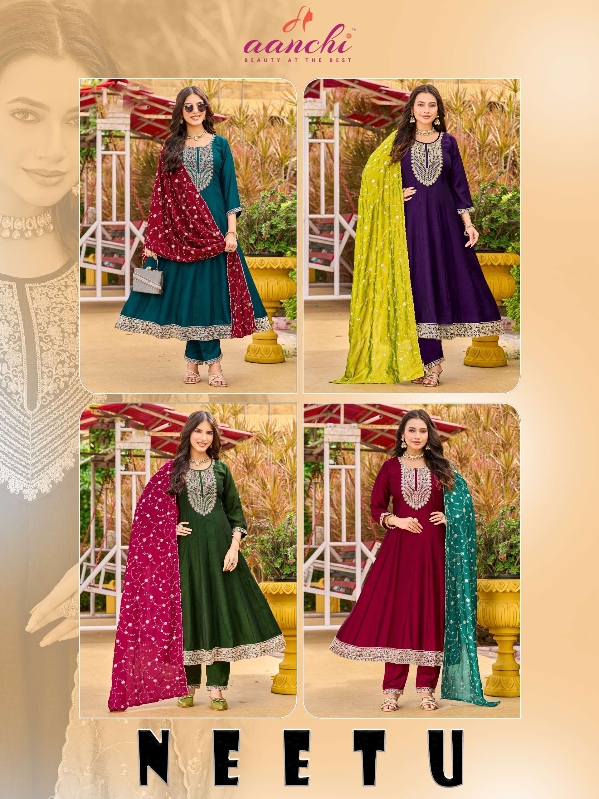 AANCHI NEETU BRANDED VICHITRA SHIMMER ANARKALI TYPE READYMADE SUIT SUPPLIER